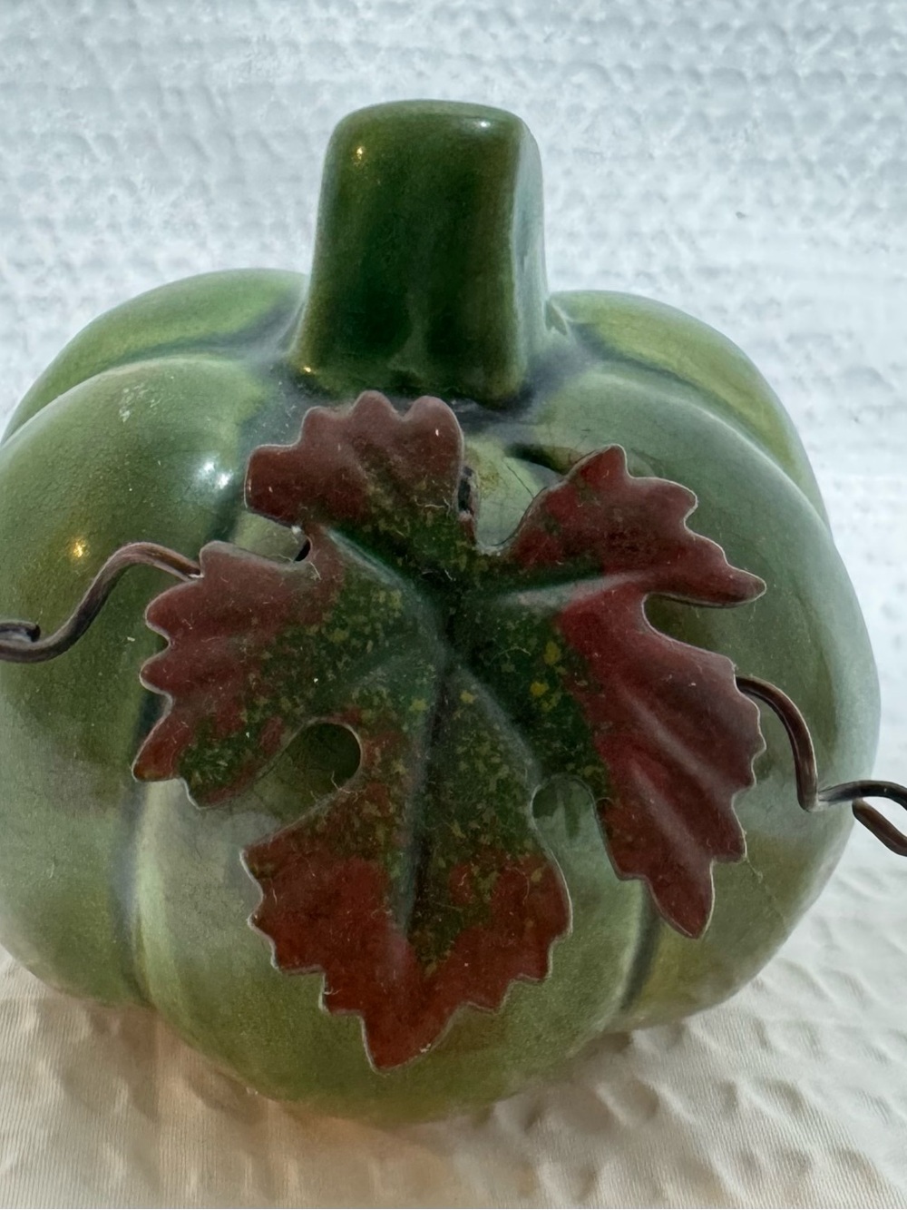 Vintage Green Ceramic Pumpkin with Red Leaf Accent - Home Art 3”